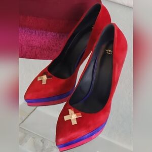 Versace Gold Medusa Multi Color Suede Platform Pumps